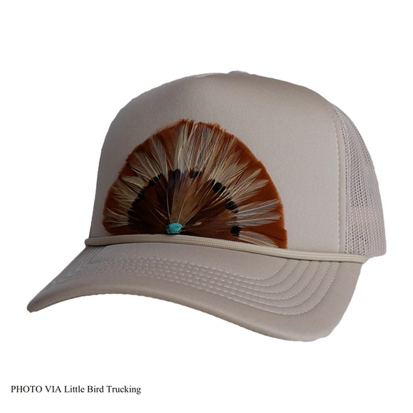 Little Bird Trucking Accessories - Feather-Embellished Tan Women's Hat for Sale.